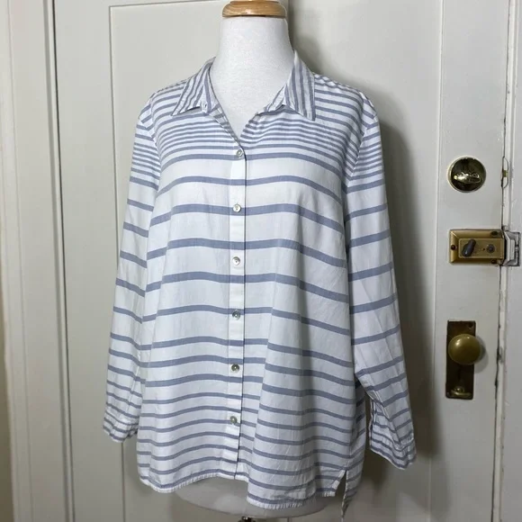 J.Jill Blue White Cotton Tunic Striped Button Down Top - Picture 3 of 12